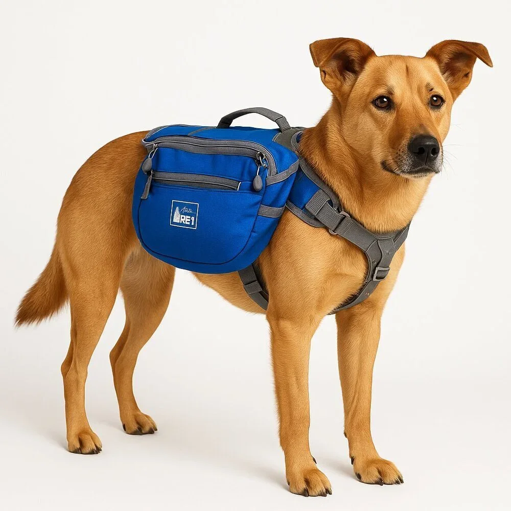REI Dog Hiking Pack Nylon Saddlebag Harness Small Blue Gray Reflective Trim